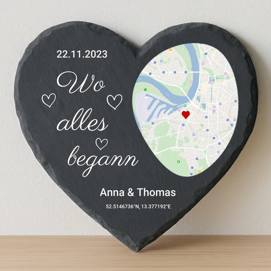 Wo alles begann - Personalisiertes Schieferherz (20x20)