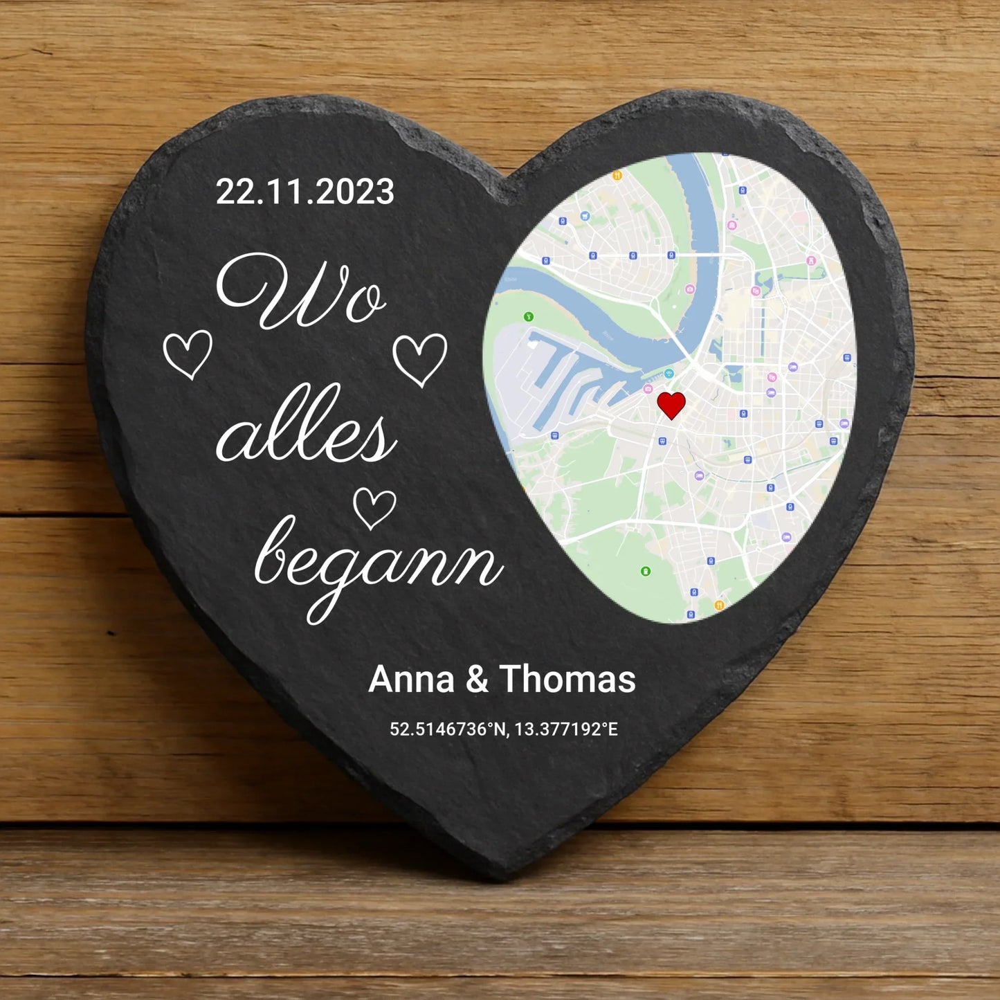 Wo alles begann - Personalisiertes Schieferherz (20x20)
